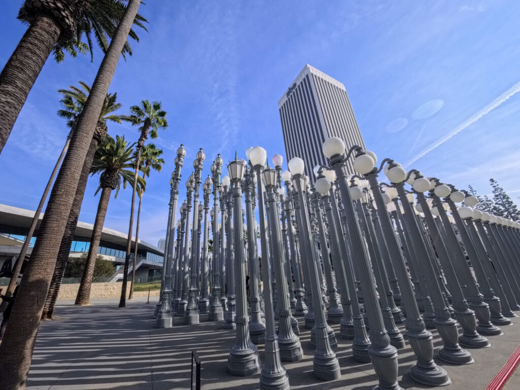 LACMA Urban Light installation with palm trees in Los Angeles